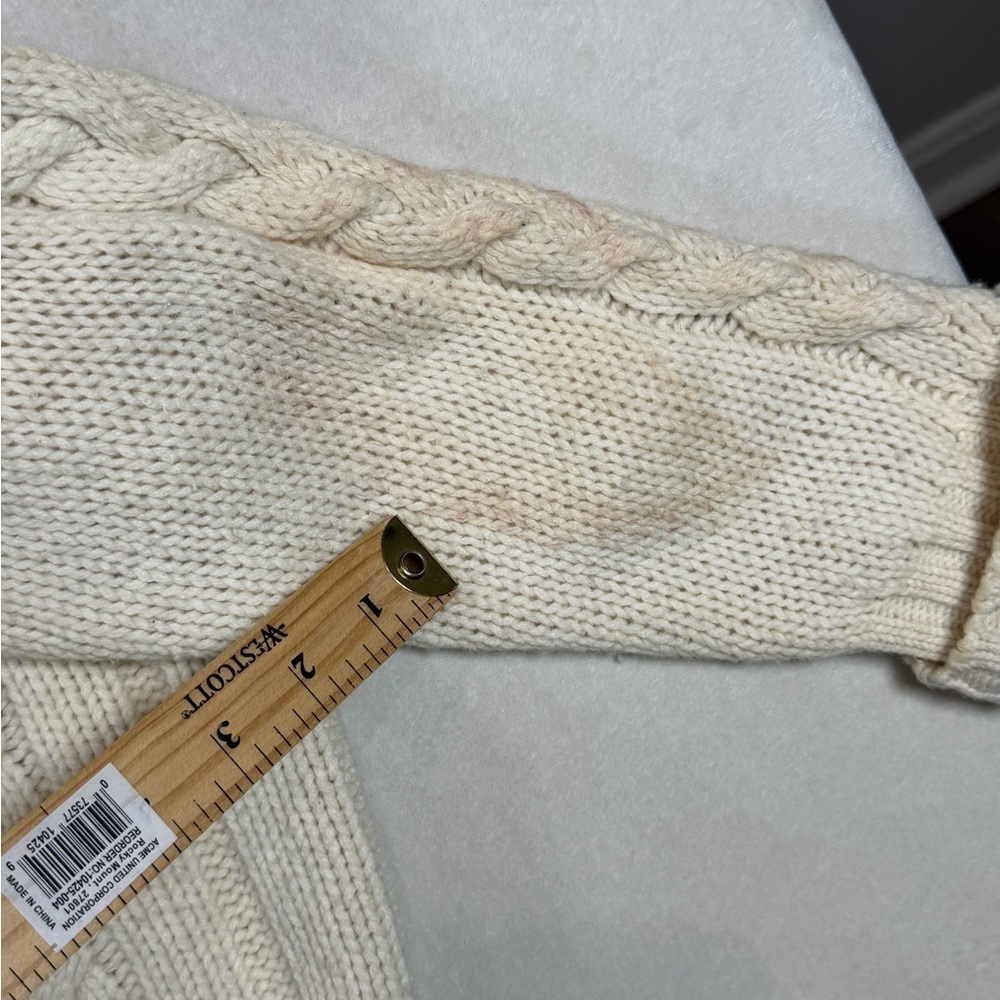 Polo Ralph Lauren Wool Linen Blend Ivory Cable Knit Sweater Brown Elbow Patches - Picture 5 of 8